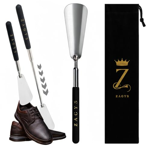 Zagys Chausse-Pied Télescopique Métal 27-74cm - Manche Long Extensible pour Senior, Grossesse, Mal de Dos - Aide Enfilage Facile avec Grip Confort, Étui Velours Inclus