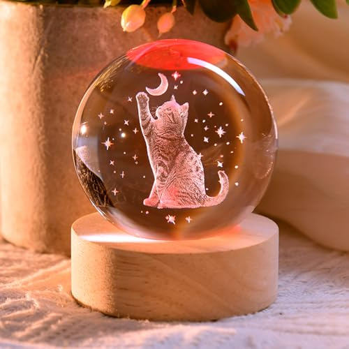ZRENJHUS 3D Cat Crystal Ball Laser Engraved Cat Moon Star Glass Cat Decorative Ball Glass Cat Gifts for Cat Lovers with Wooden Light Base