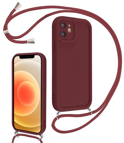 Coalbooliy Handyband für iPhone 12 mini Hülle 5,4 mit Band Kette, Handyhülle Kameraschutz Weiches Silikon Necklace Stoßfeste Schutzhülle mit Kordel zum Umhängen Cover für Mädchen Frauen, Rot