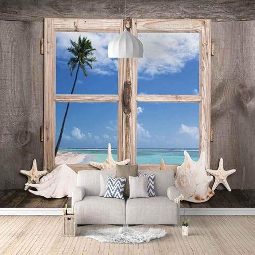 Fenêtre Ciel De Mer Coquille De Noix De Coco Papier Peint 3D Installation Facile Intissé Tapisserie Bureau Salon Canapé Chambre Décoration Murale-300cm×210cm