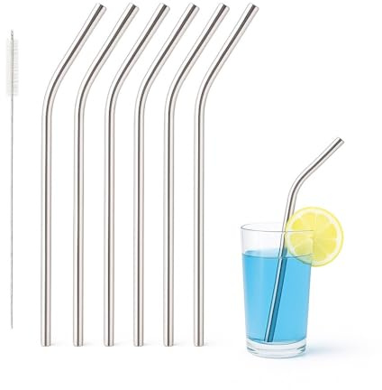Reusable Straw Metal Drinking Stainless Steel Straw Cleaning Brush for Smoothie Milkshake Hot Drink Cocktail Party Home Office Restaurant Eco Friendly Summer Fruit Juices Steel Straws (6 Pieces)