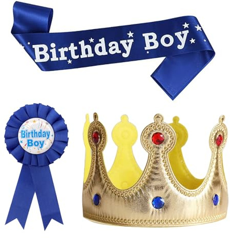 Clofiak Birthday Boy Sash Pin Crown Hat for Boy, King Crown Party Set