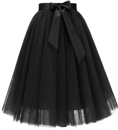 Jupe en tulle pour femme - 5 couches - Avec ceinture - Élégante ligne A - Jupe de fête en tulle - Jupe midi - Costume de carnaval, Noir , M