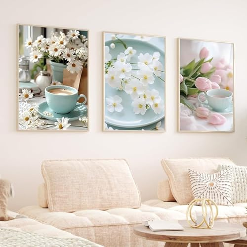 Xiyocadt 3er Blumen Poster Set, Moderne Natürliche Landschaft Poster & Kunstdrucke, Tulpen Gänseblümchen Leinwand Bilder, Wandeko für Schlafzimmer Wohnzimmer Flur, Ohne Rahmen (50 x 70 cm)