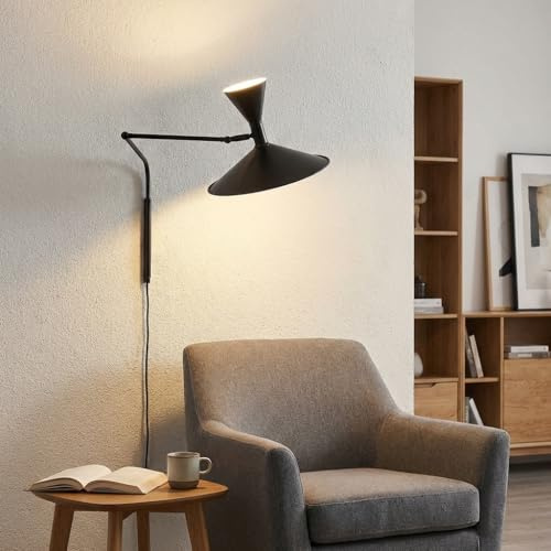 BARCELONA LED Große Wandlampe Industrie 40 cm Durchmesser, Schwenkbarer Wandarm, Vintage und Modern Stil, Metall Schwarz Lampenschirm Innen Weiß, Ideal für Restaurant, Treppe und Schlafzimmer