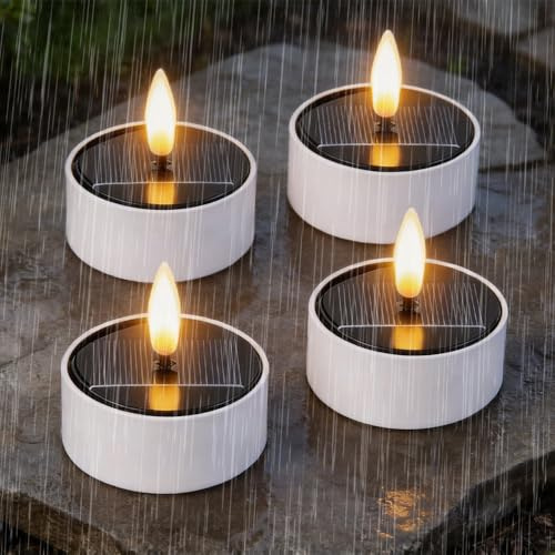 Afenau Solar Teelichter für Außen, 4 Pcs Solar Led Teelichter Outdoor Wasserdicht mit Timerfunktion und Warmweißes Flackern, Led Teelichter Solar Outdoor, Solarkerzen Außen Wasserdicht Klein (Weiß)
