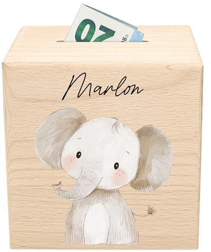 Spardose für Kinder Elefant personalisiert Safari Tiere Sparbox aus Holz Sparschwein mit Schlüssel Taufgeschenk für Jungen & Mädchen Holzspardose
