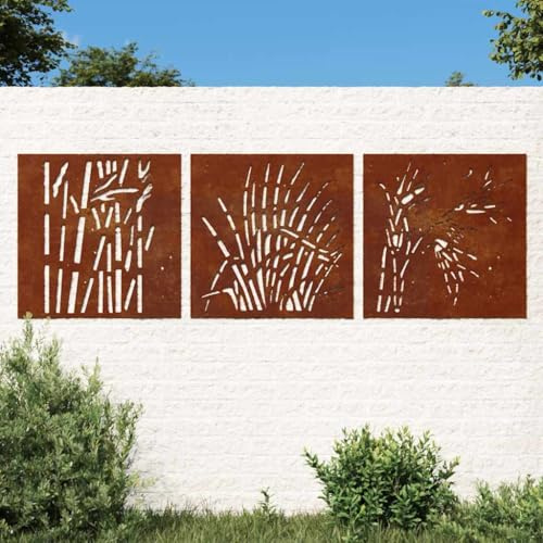 Ziaphsol 3-tlg. Garten Wanddeko aus Cortenstahl, 55x55 cm, Gras Design mit Hohlem Muster, wetterfest für Wand oder Zaun, robuste Optik für Outdoor Deko