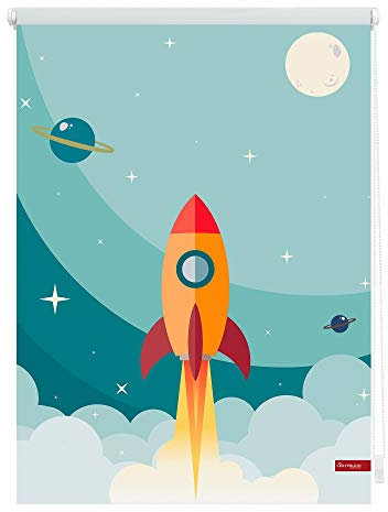 Lichtblick Klemmfix Verdunklungs-Rollo mit Motiv, ohne Bohren, Blickdicht, Seitenzugrollo, Made in Germany, Rakete - Blau 80 x 150 cm (B x L)