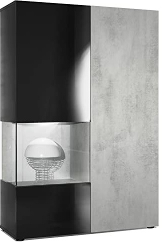 Vladon Vitrine Kommode Hochschrank Morena, Made in Germany, Korpus in Schwarz matt/Rechte Tür und der Einsatz in Beton Oxid Optik, inkl. LED Beleuchtung