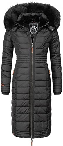 Navahoo Umay Damvinterkappa, varm kviltad kappa, lång med huva, storlek XS–XXL, svart, XL