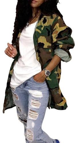 Naliha Women Casual Camouflage Jacket Military Anorak Long Sleeve Coat Outfit Camo L