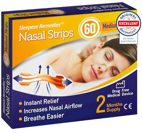 Sleepeze Remedies Nasenpflaster Schnarchen Groß Mittel (60 Stück), Anti schnarch Nose strips besser atmen, Nasenstrips gegen Schnarchen, Nasenpflaster sport und Verstopfung Entlastung, Nasal strip