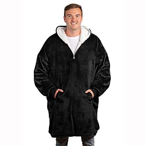 trekki filt huvtröja, överdimensionerad huvtröja filt, Sherpa & fleece bärbar filt huvtröja för kvinnor & män, bekväma & fluffiga filtar med huva, The Big Softy®, Svart, one size