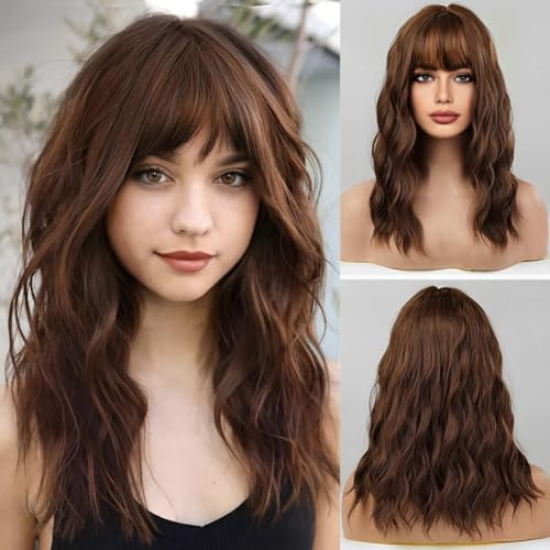 HAIRCUBE Lange braune gewellte Perücken für Frauen, synthetische Perücke aus natürlichem Haar mit Air Bangs-Perücken für den täglichen Gebrauch und Partygebrauch