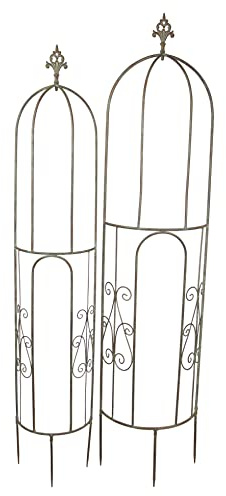 2X Rankturm Lilie aus Metall, braun, 137 & 146 cm hoch, Rankhilfe halbrund, Rankkegel in Antik-Optik, Retro Rankgerüst, Vintage Ranksäule