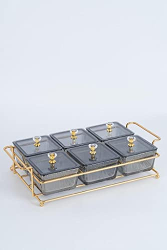 Knabber Schalenset 6 Fächer mit Deckel und Ständer Cerezlik Servierschale Knabberschale aus Glas für Süßigkeiten, Dips, Nüsse, Chips Grau