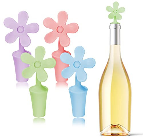 4Pezzi Silicone Tappi per Bottiglie di Vino, Tappo Vino Sottovuoto Tappo per Vino a Forma di Fiore Conservatori di Vino Riutilizzabili Capsule in Tappo per Bottiglie di Champagne Vino