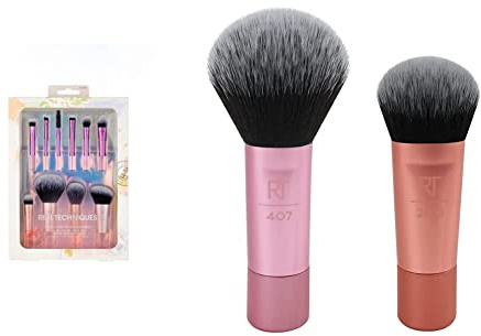 Real Technique Travel Fanstasy Mini Brush Kit 10 Piece Set, Purple & Mini Brush Foundation and Blush Duo, Travel Size, For Loose Blush and Liquid Foundation, 2 Piece Set, Multicolor