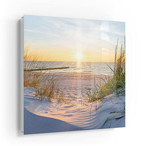 DEQORI Schlüsselkasten weiß | 30x30 cm | Motiv Abendsonne an der Ostsee | Glas & Metall Schlüssel-Box | Schlüsselschrank mit 50 Haken + 2 Magnete | Moderne Design Box magnetisch & beschreibbar