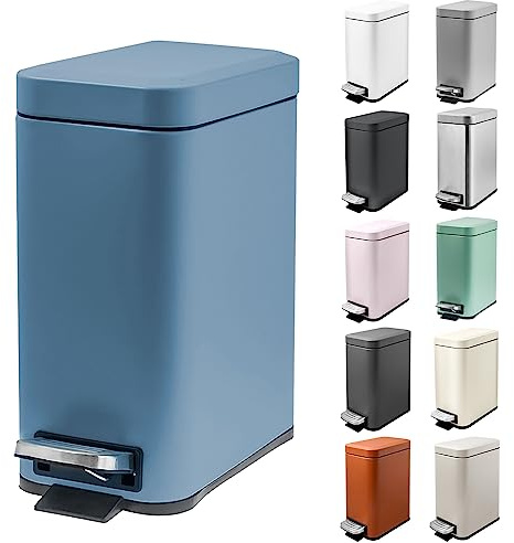 M-Aimee 1.3 Gallon Slim Small Trash Can with Lid Soft Close, Stainless Steel Garbage Can for Bathroom Bedroom Office, Rectangular Step Trash Bin with Removable Inner Waste Basket (Blue)