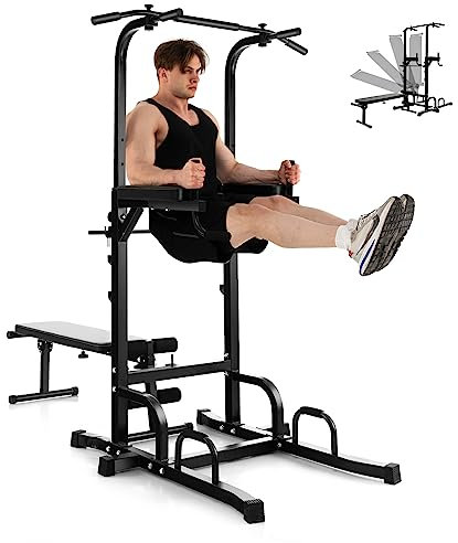 GYMAX Power Tower, Klimmzugstange, multifunktionale Kraftstation mit klappbarer Hantelbank, Klimmzugstation bis zu 150 KG belastbar, Krafttrainingsgeräte für Heimfitnessstudio, schwarz