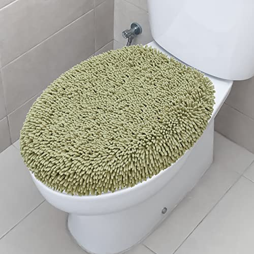 TREETONE Shaggy Chenille Bathroom Toilet Lid Cover, Ultra Soft Plush Seat Covers, Fluffy Absorbent, 19x21 Inches, Standard Toilet Lids for Bathroom Machine Wash & Dry, Sage Green | Absorbent Standard Seat Covers for Bathroom, Accessories Decor, Fits Most Round, Elongated and Oblong Lids, Machine Washable