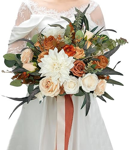 BENCENTRE 35,6 cm Terrakotta-Brautstrauß, Herbsthochzeit, Brautsträuße für Zeremonie & Jubiläum, französischer rustikaler Vintage-Stil, künstliche Blumen