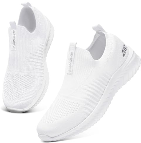 Womens Trainers Slip on Ladies Walking Shoes Lightweight Mesh Sneakers Comfortable Casual Shoes(White,41EU)