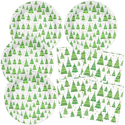 HNH Pappteller Set Weihnachten mit Servietten 40er-Set Weihnachtsteller Weihnachtsservietten Grün Weihnachtsbaum Papierteller Papierservietten Partygeschirr Tischdeko