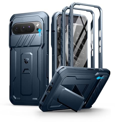 Dexnor pour Coque Google Pixel 9 Pro XL【Double Cadre Avant et Support】 avec CaméRa Coulissante Intégrée & Protecteur d'écran, Coque de Protection Robuste Résistante Aux Chocs - Bleu Marine