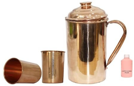 BRACOP® Jarra de Agua de 2 l, Jarra de Cobre Puro para Jarra de Agua con Tapa, Jarra de Agua, Vaso de Cobre para Beber Ayurveda, Taza de Cobre Puro, Taza de Agua India, Botella de Agua, Frasco para