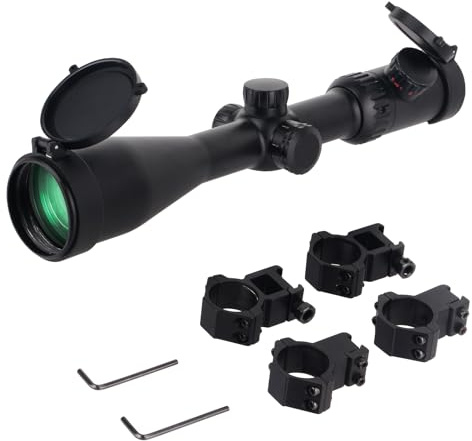 FOCUHUNTER 4-24x50 SFP Fernrohr Teleskop, Monokular mit seitlicher Parallaxeneinstellung, 0,05 MIL schwarz rot grünes Mil-Dot, grüner vollständig mehrfachbeschichteter Linsensucher mit 4 Montageringen