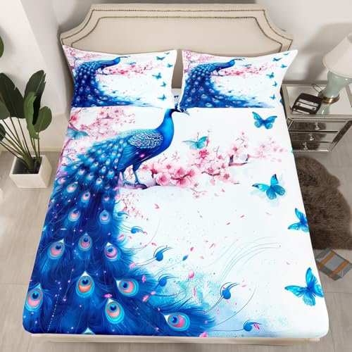 Manfei Blue Peacock Fitted Sheet King Size, Watercolor Butterfly Bedding Set for Kids Boy Girl Room Decor, Pink Peach Flower Bed Cover with 2 Pillowcases, Soft Polyester Bedding