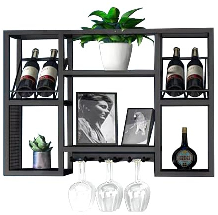 Botellero Vino Pared Vinoteca Mueble Bar Salon Garrafeira Mini Bar Wine Rack Mueble Comedor Cocina Estantes de Almacenamiento con Soporte Copas Colgante para Barra para Bar Cocina Comedor(Nero,80*60*2