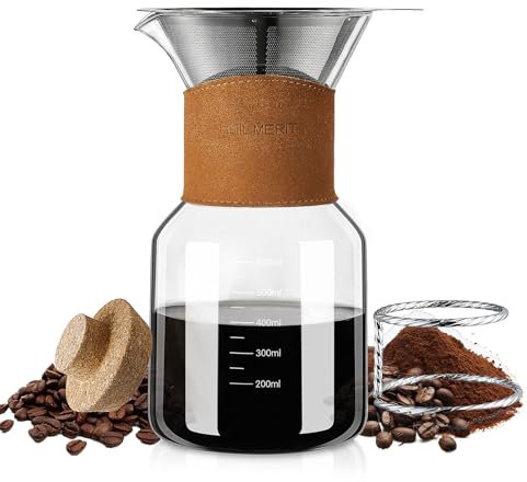 BOILMERIT Pour Over - Caffettiera con filtro in acciaio inox, 600 ml, contagocce in vetro con colletto in pelle vintage, tappo in sughero e portafiltro