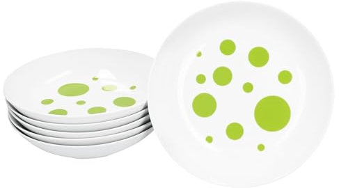 MamboCat Pula Green Lot de 6 assiettes creuses I 450 ml I Vaisselle en porcelaine blanche à pois pour 6 personnes I Assiettes creuses pour salade, soupe, céréales, pâtes, etc.