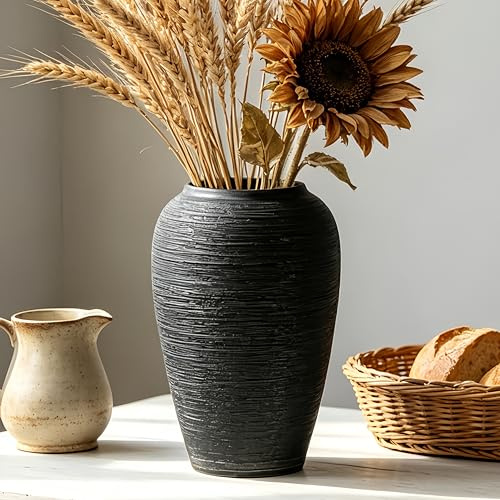 JIDOFUE Schwarze rustikale Keramik Vase Vintage Blume Vase,26cm/10.2 Zoll Keramik Terrakotta Hoher Boden Bauernhaus Rustikal für Minimalismus Home Decor Mittelstück Wohnzimmer Schlafzimmer