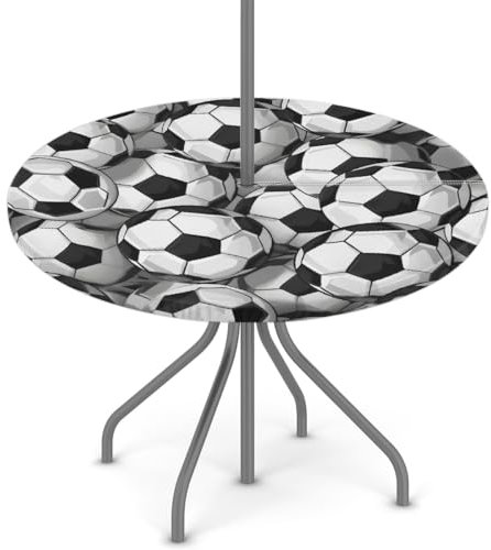 Woltant Tovaglia rotonda con foro per ombrellone e cerniera, facile da pulire, con bordi elastici, protezione per tavolo da giardino, patio, barbecue (pelle di calcio)