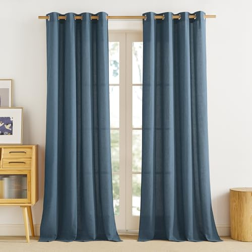 PONY DANCE Transparenta fönstergardiner gardiner spetsiga och färdiga linnegardiner för vardagsrum sovrum barnrum med öljetter, 140 B x 245 H cm (2 paneler), marinblå