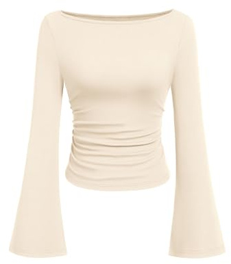 PRETTYGARDEN Womens Long Sleeve Shirts 2026 Spring Crop Going Out Tops Casual Boat Neck Bell Sleeve Ribbed Ruched Y2K Clothes (Beige,Small)