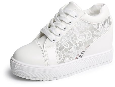 TOSOFT Baskets Blanches À Talons Compensés For Femmes Chaussures De Marche À Lacets Et À Plateforme Dissimulée Idéales For Les Mariages(White 1,39)