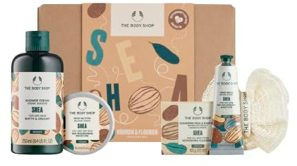 The Body Shop Shea Geschenkset – Körperpflege Set für trockene Haut – Duschcreme, Körperbutter, Handbalsam, Seife & Ramie-Blume – vegane Naturkosmetik