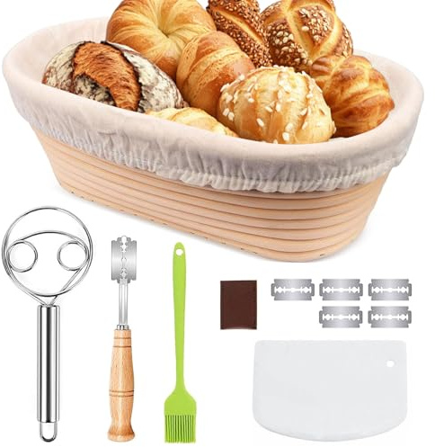 Banneton Bread Proofing Basket, Bread Proofing Basket Set, 10 inch Oval Banneton Bowl with Dough Whisk Linen Liner Cloth Dough Scraper Silicone Brush Bread Lame & Blades for Home Bakers(10-Piece Set)