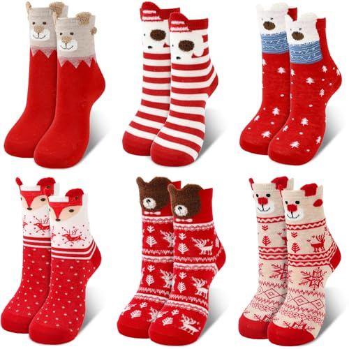 BOARDFEB Lot de 6 paires de chaussettes de Noël pour femme, motif renne et Père Noël, en coton, chaudes, pour l'hiver, motif dessin animé, pour enfants
