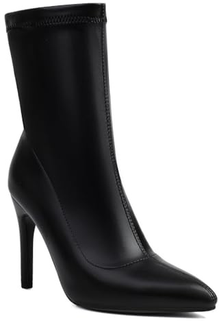 Femmes Talons Hauts À Aiguilles Bottes Mi-Mollet Bout Pointu Cuir PU Bottes Courtes Bottines À À Enfiler,Noir,39 EU