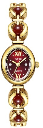 XCZAP Fashion Women Dress Watch Waterproof Pointer Casual Watches Luxury Vintage Quartz Movement Watches Elegant Pearl Oval Dial Designer Wristwatch (Gold Red)