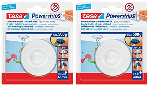tesa Powerstrips Deckenhaken - Selbstklebender, drehbarer Haken in Weiß zum Aufhängen von Decken-Dekoration Powerstrips Large (Auf glatten Oberflächen, 2 Packungen)