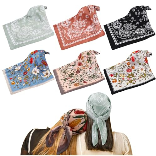 Apricitie 6 Stück Cashewblüte Design Bandana Damen 70x70cm Kopftuch Damen Florales Design Guadratische Elegante Schals Tuch für Frauen Satin Bandana Mädchen Headscarf Haarschmuck