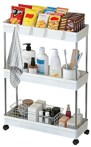 Carrito Auxiliar con Ruedas de 3 Niveles, Estantería Baño y Carro Cocina Multifuncional, Carrito de Almacenamiento Ahorra Espacio para Hogar, Oficina o Lavandería, Plástico y Acero Inoxidable, Blanco